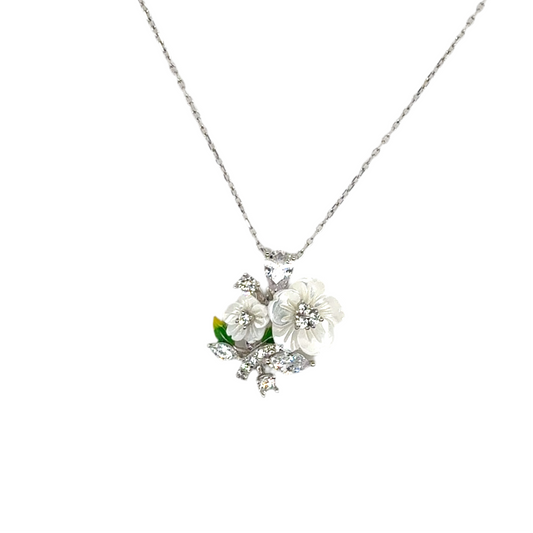 925 silver cubic zirconia white flowers and leaf set ( clip earrings, ring and necklace)