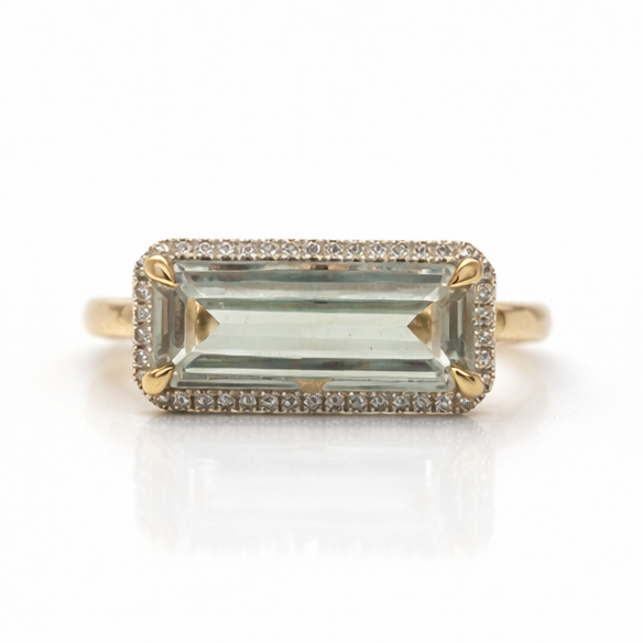 9ct Yellow Gold Rectangle Green Amethyst with Round Cut Diamonds Ring