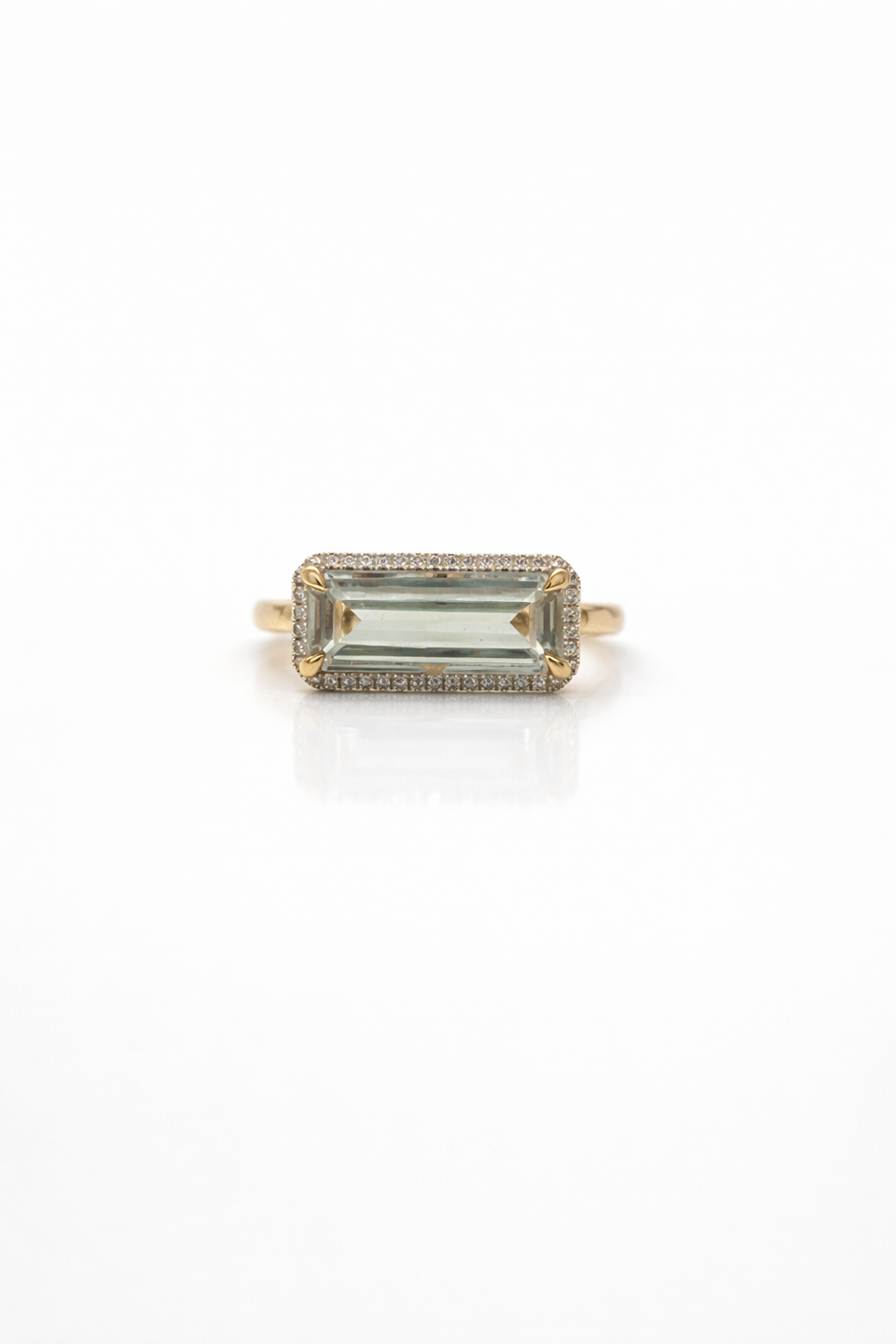 9ct Yellow Gold Rectangle Green Amethyst with Round Cut Diamonds Ring