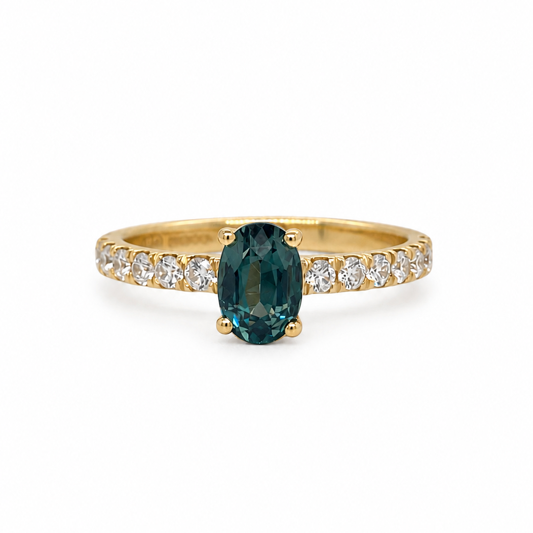 Oval Cut Green-Blue Sapphire with a Diamond Set Band, in 18ct Yellow Gold