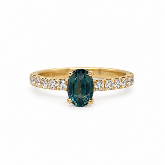 Oval Cut Green-Blue Sapphire with a Diamond Set Band, in 18ct Yellow Gold