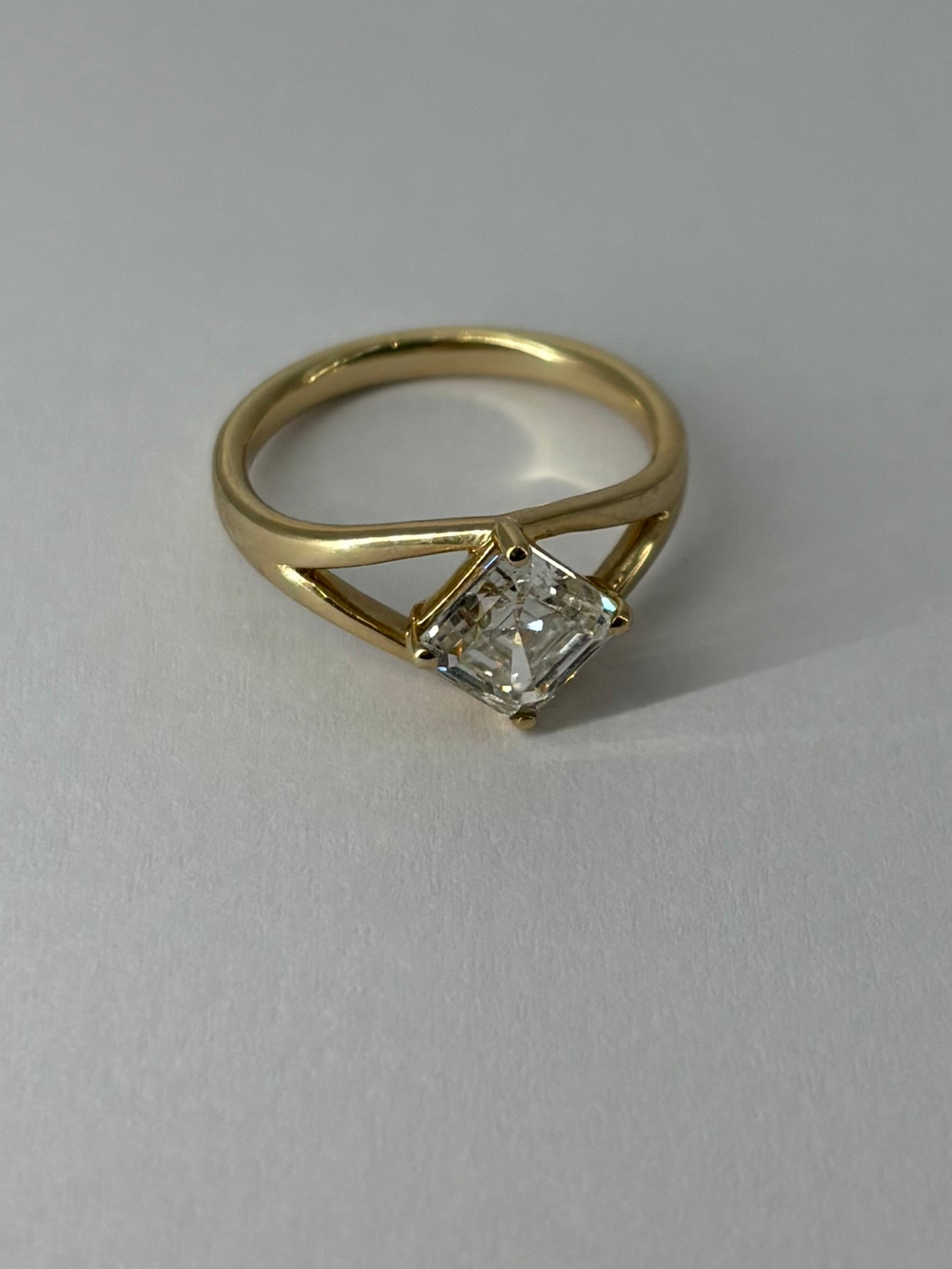 Asscher cut diamond 9ct Yellow gold split shoulder engagement ring