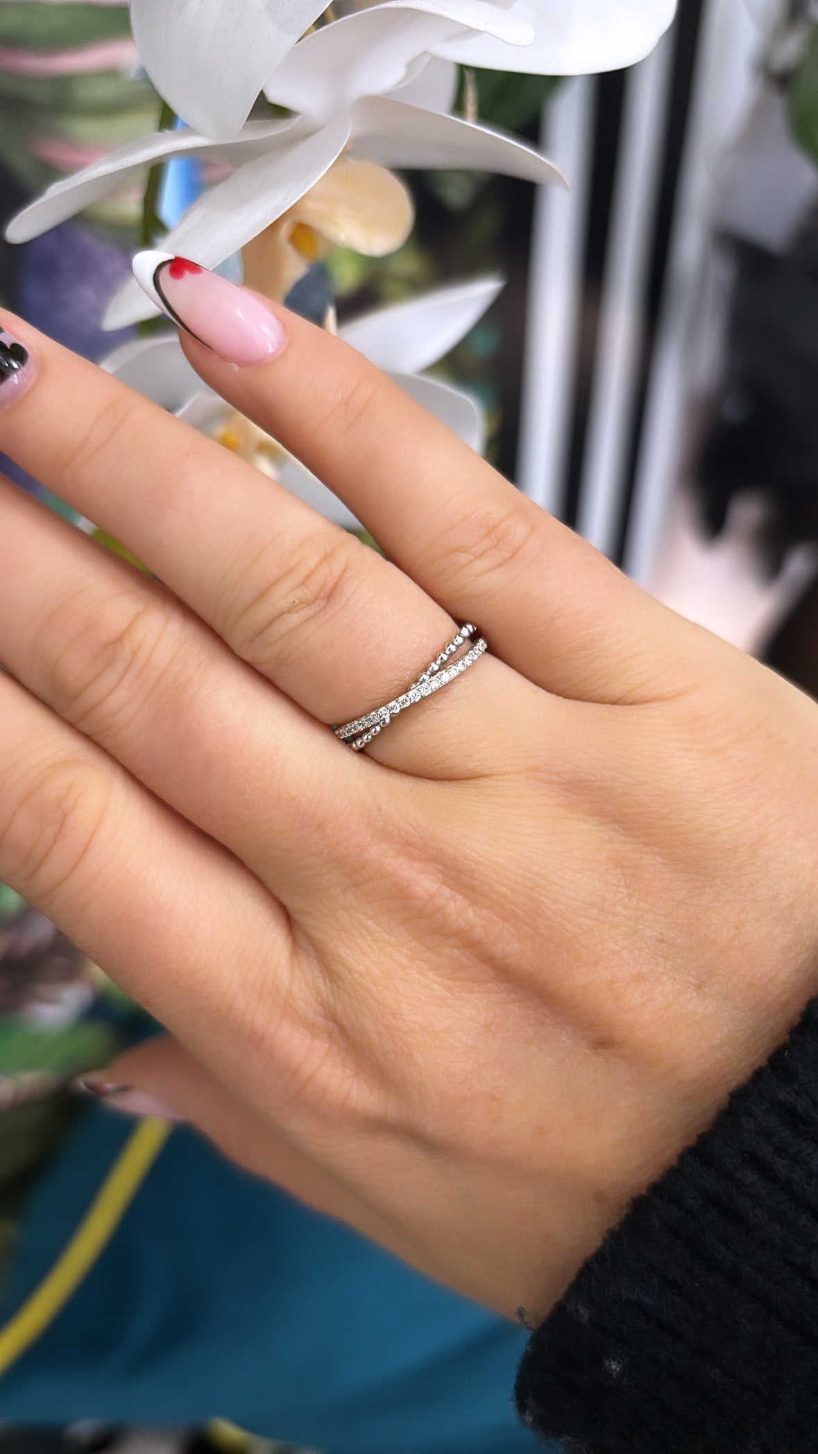 Diamond and 18ct White Gold Beaded, Crossover Ring