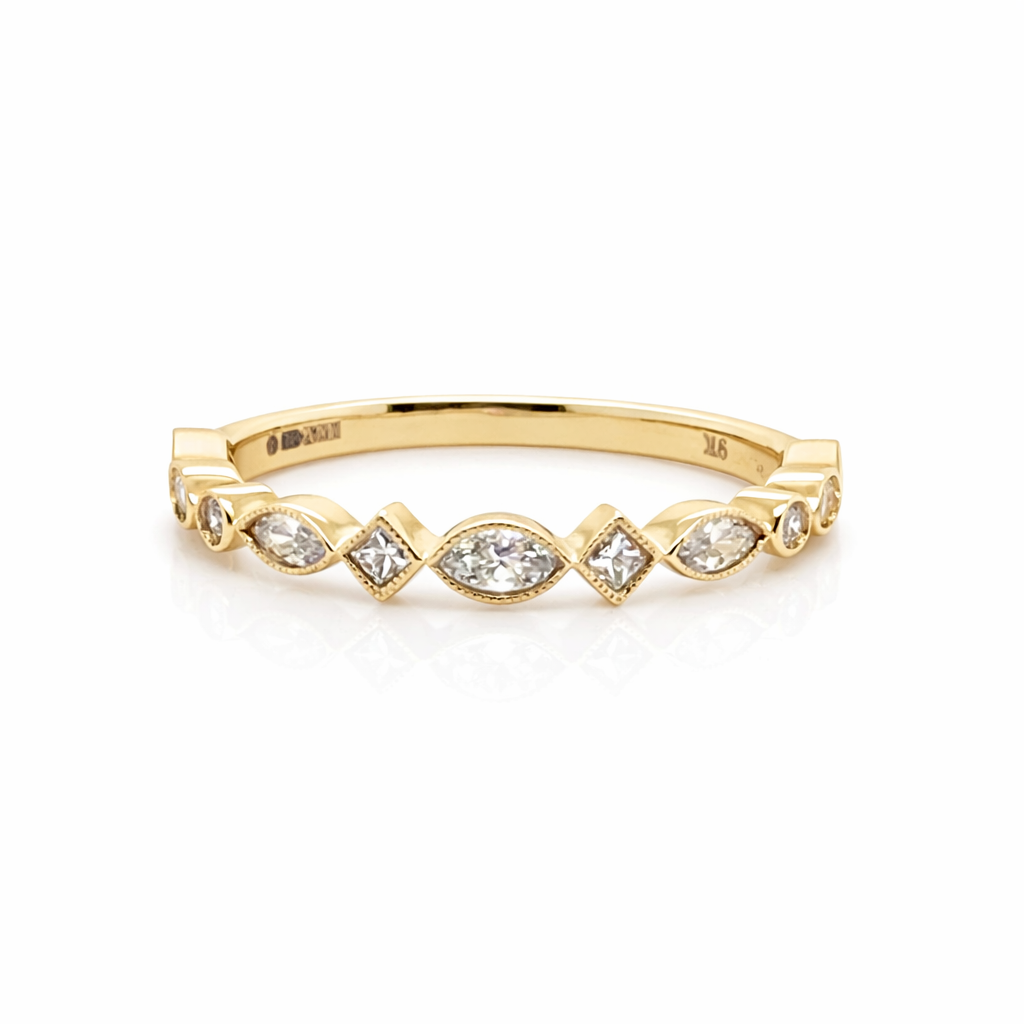 9ct Yellow Gold Half Eternity Ring Round Brilliant, Princess and Marquise Cut Diamond