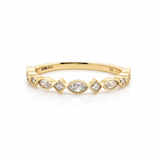 9ct Yellow Gold Half Eternity Ring Round Brilliant, Princess and Marquise Cut Diamond