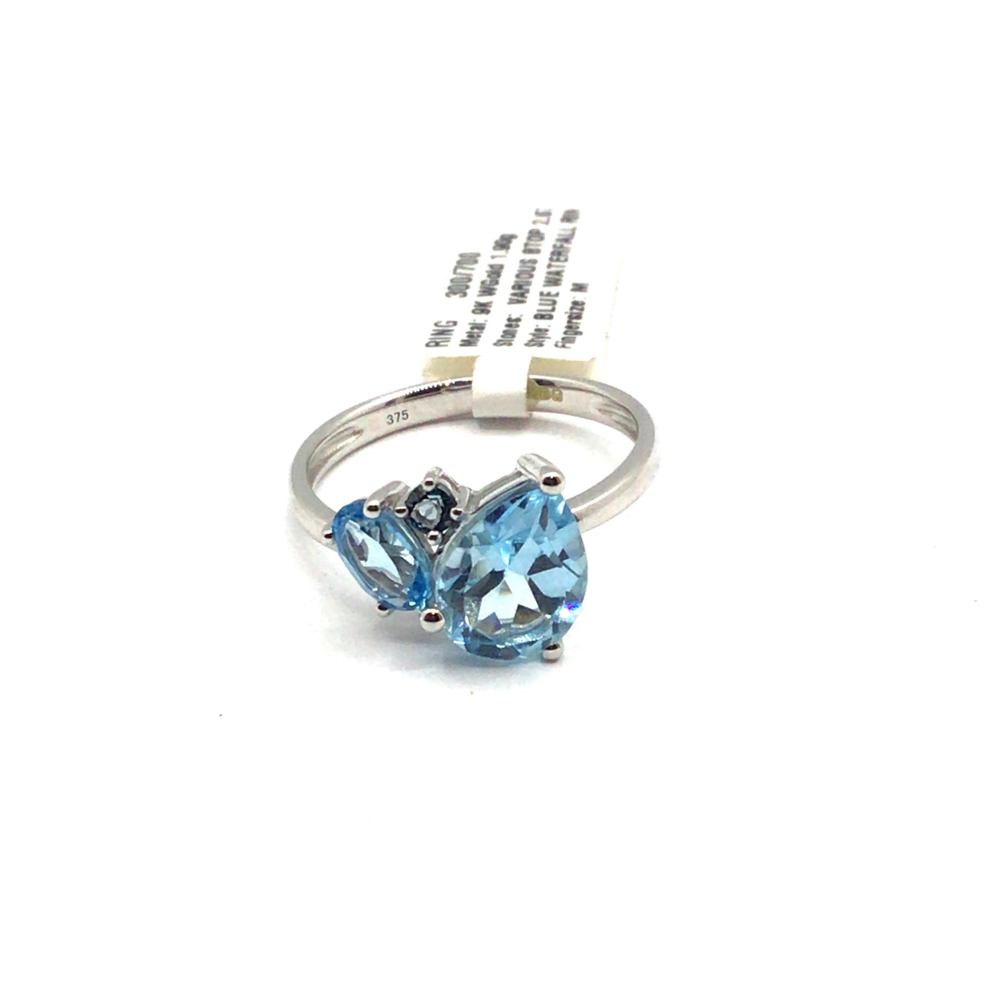 9ct White Gold Pear Cut Blue Topaz Trilogy Ring