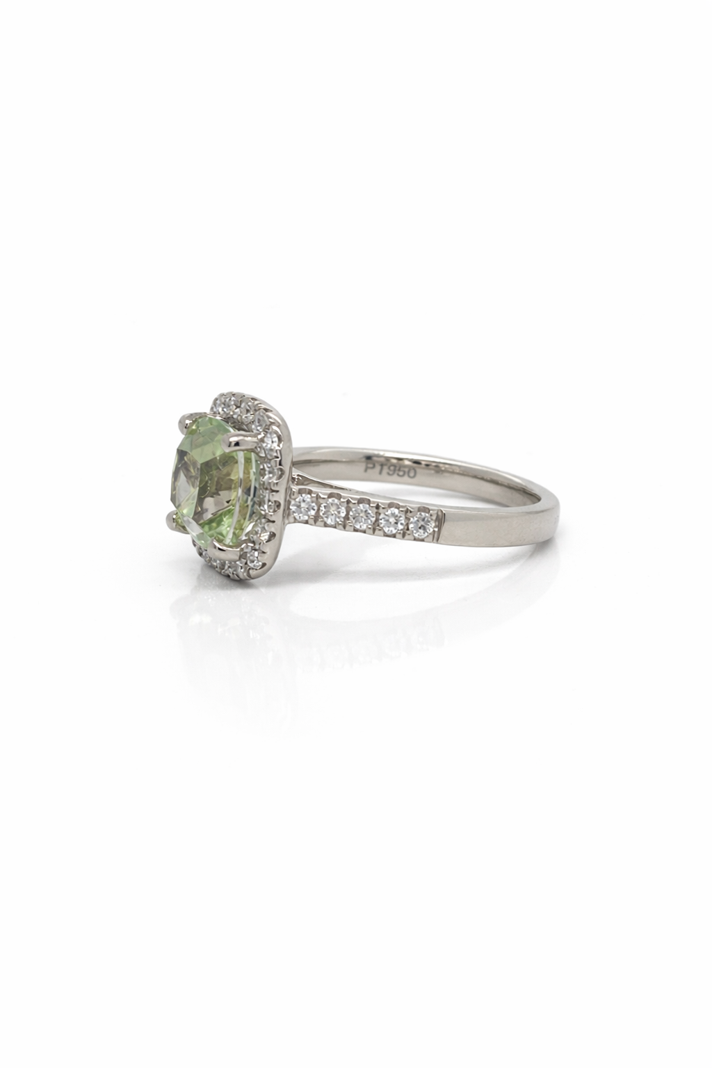 Square Cushion Cut Mint Green Tourmaline Diamond Halo Diamond Set Shoulders Ring in Platinum