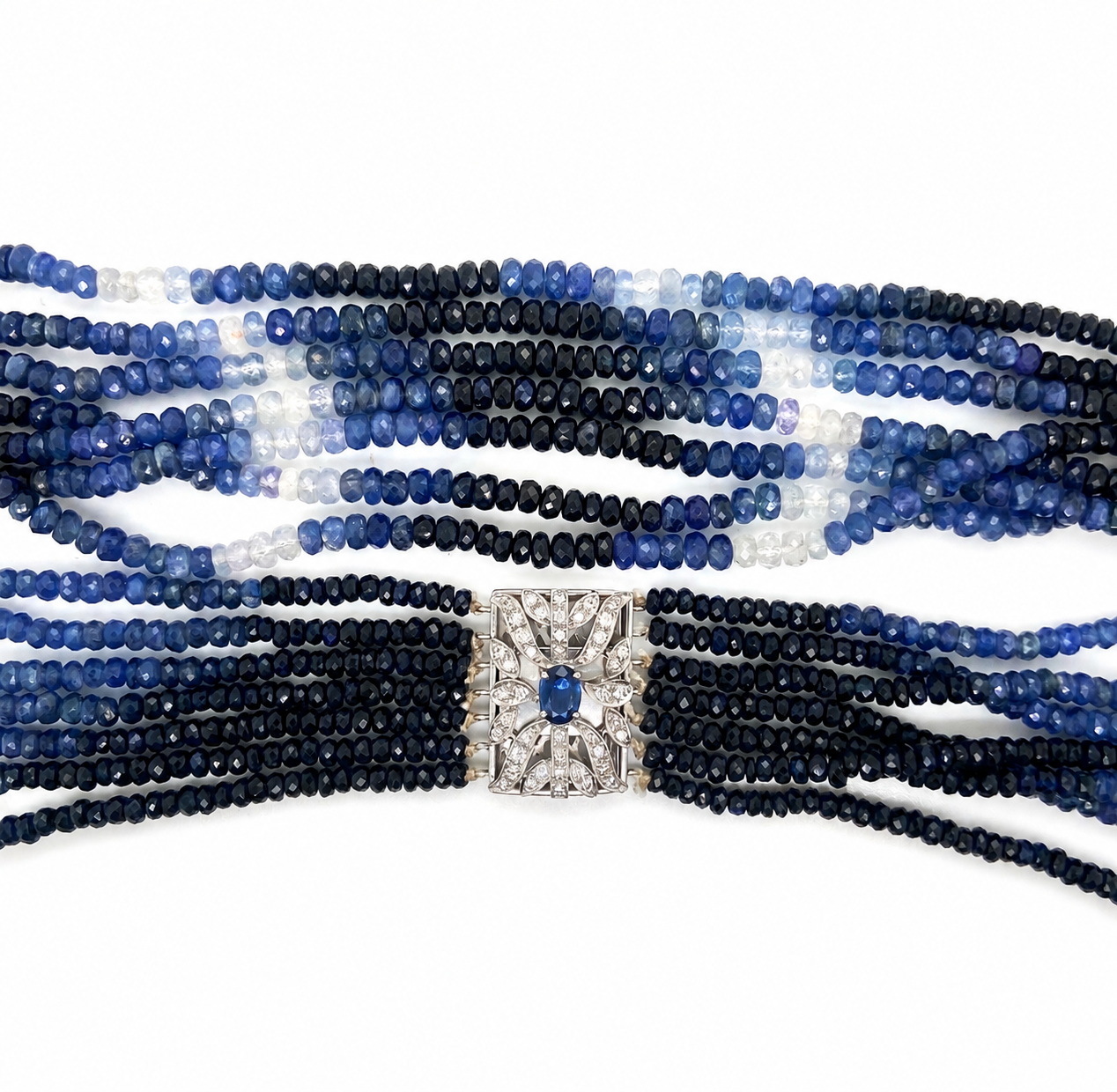Vintage Sapphire Beaded Necklace with 18ct White gold Diamond and Sapphire Clasp