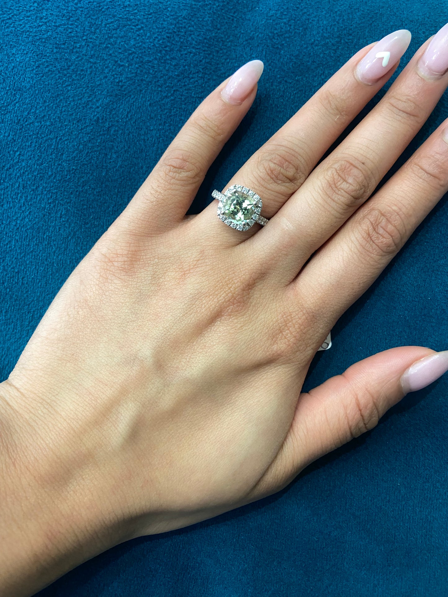 Square Cushion Cut Mint Green Tourmaline Diamond Halo Diamond Set Shoulders Ring in Platinum