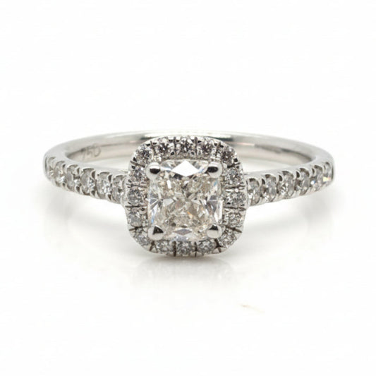 18ct White Gold Natural Cushion Cut Halo Ring