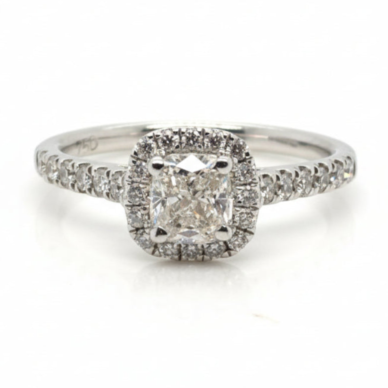 18ct White Gold Natural Cushion Cut Halo Ring