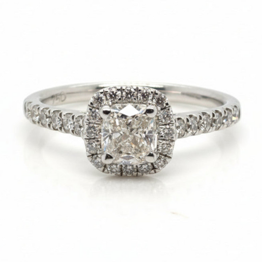 18ct White Gold Natural Cushion Cut Halo Ring