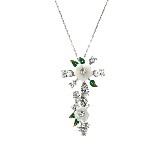 925 silver cubic zirconia white flowers and leaf set ( drop earrings, ring and necklace)