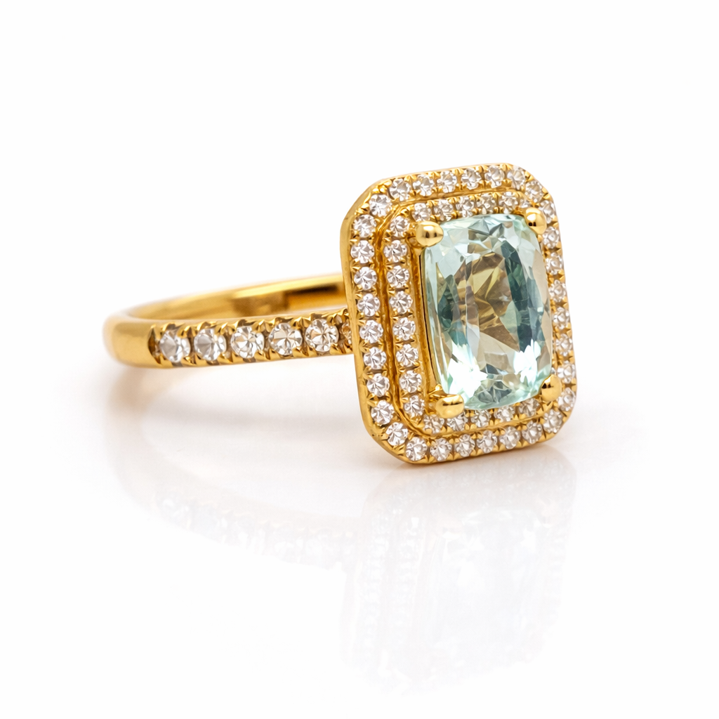 Elongated Cushion Cut Water Beryl, Double Diamond Octagonal Halo, 9ct Yellow Gold Cocktail Ring