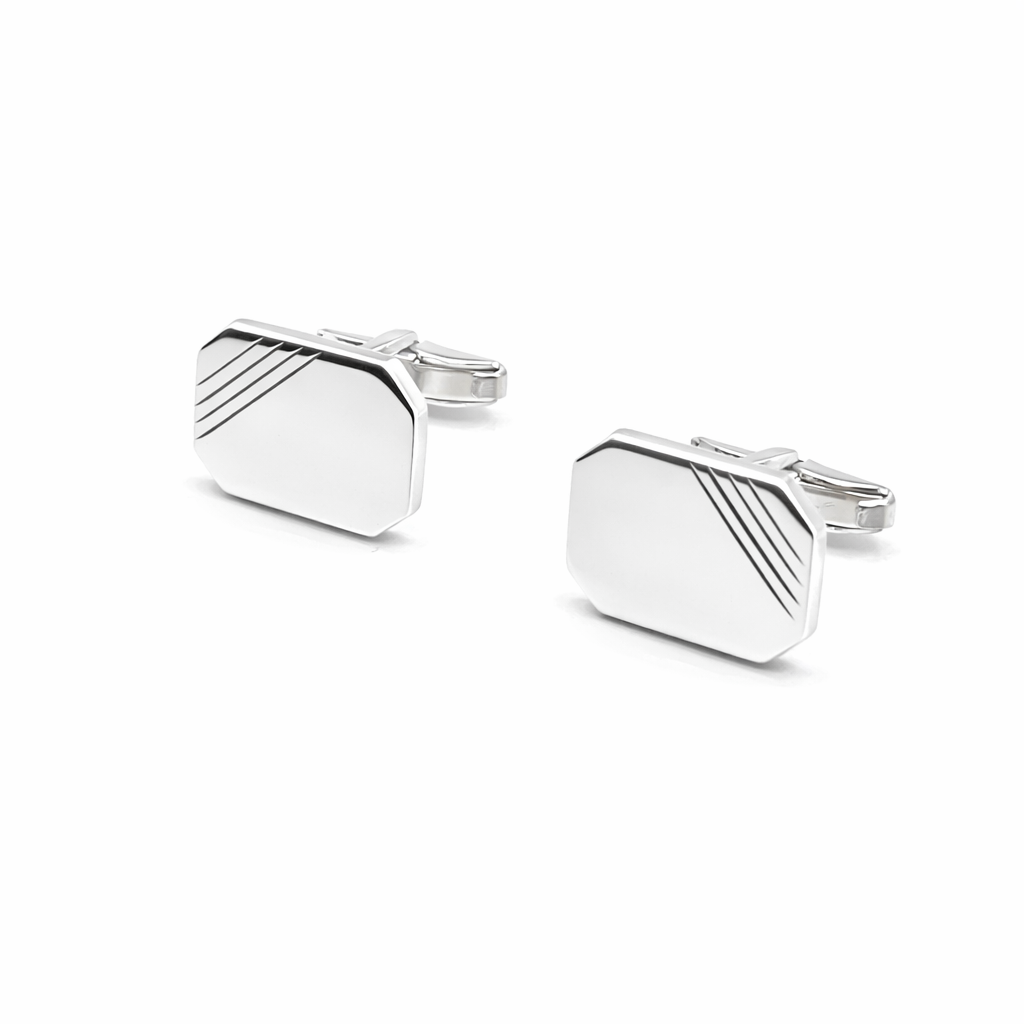 Sterling Silver Engraved Rectangular Emerald Cut Shape Cufflinks