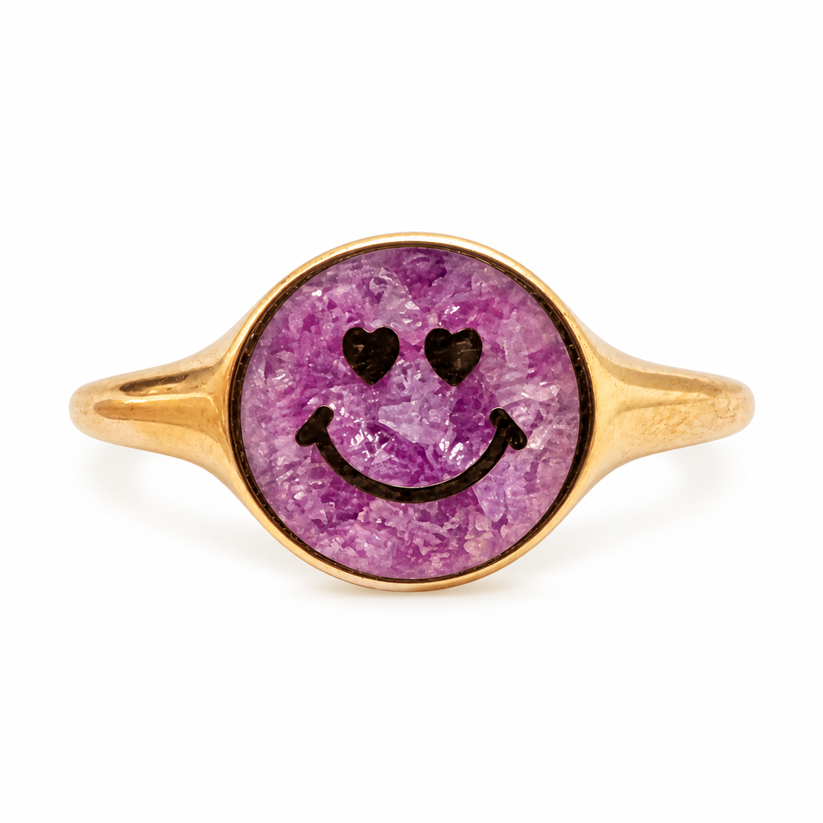 Gold Plated Smiley Face Ring with Amythest Dust
