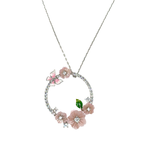 925 Silver pink flower and butterfly set (Necklace,Ring, Earrings)