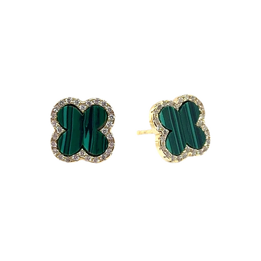 925 gold plated malachite clover studs cubic zirconia