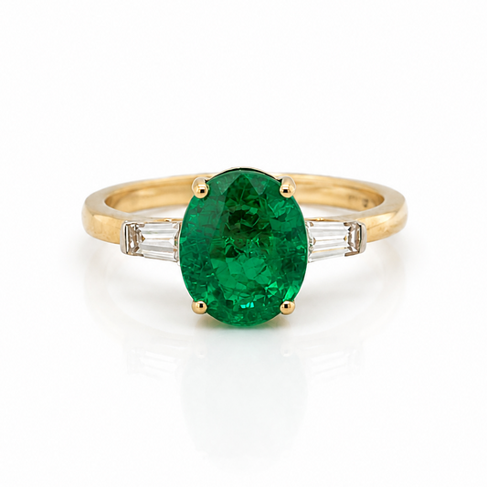 3.31ct Oval Cut Emerald and Diamond Trilogy Ring in 18ct Yellow Gold