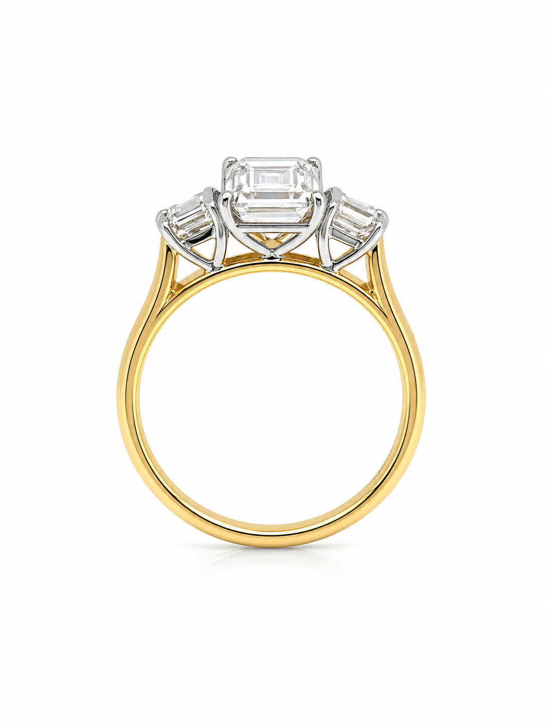 Emerald And Round White Diamond Triology Three Stone Engagement Ring