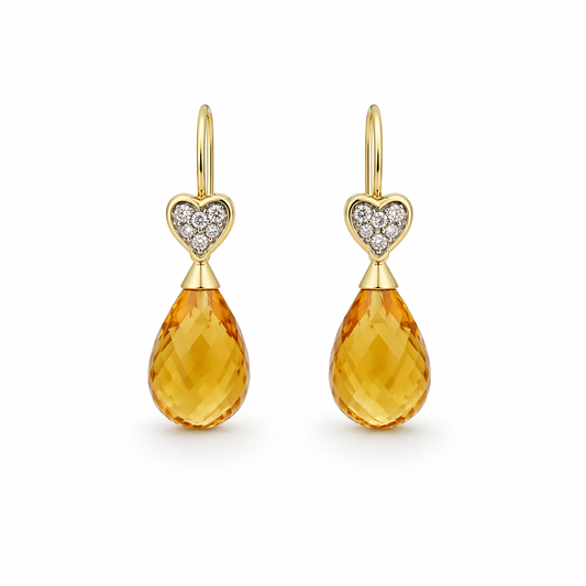 Natural Diamond and Citrine Drop Earrings 14ct Yellow Gold