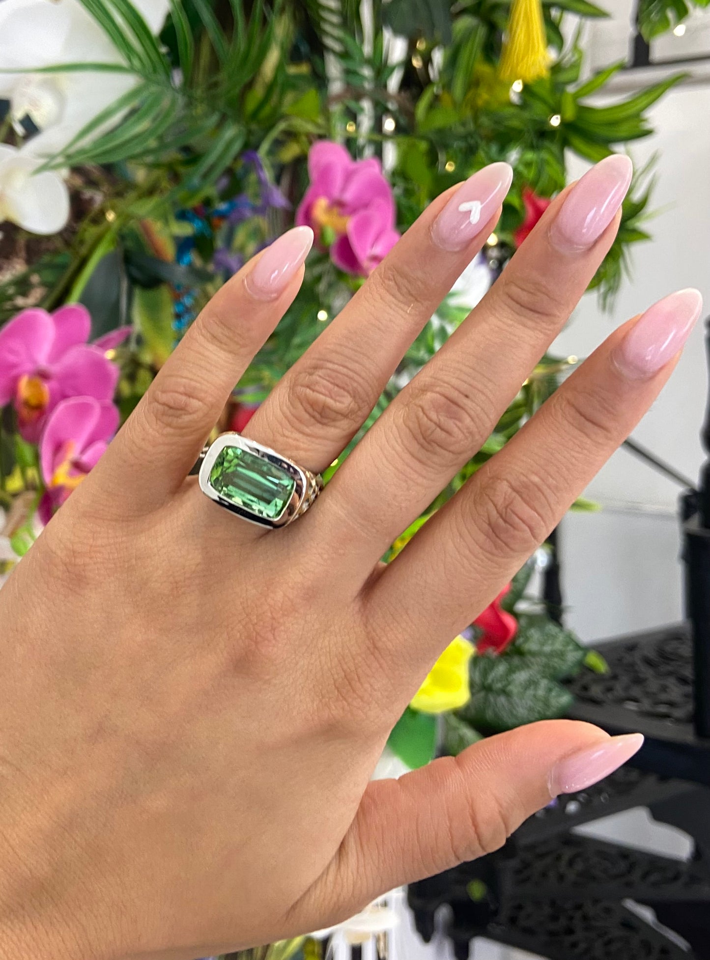 Seafoam Green Tourmaline Signet Ring 18k White and Yellow Gold