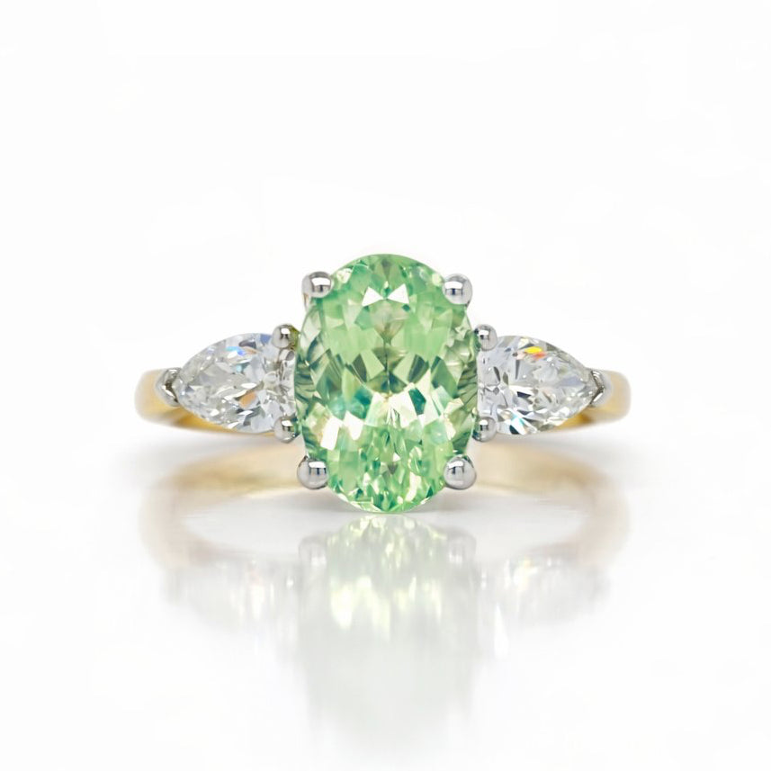 Oval Amblygonite and Pear Cut Diamond Trilogy Ring in 18ct Yellow Gold