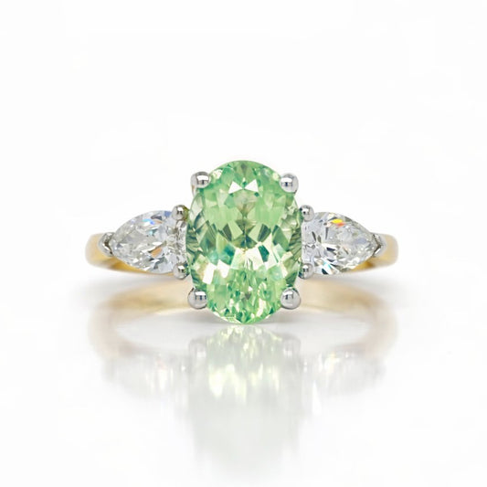 Oval Amblygonite and Pear Cut Diamond Trilogy Ring in 18ct Yellow Gold