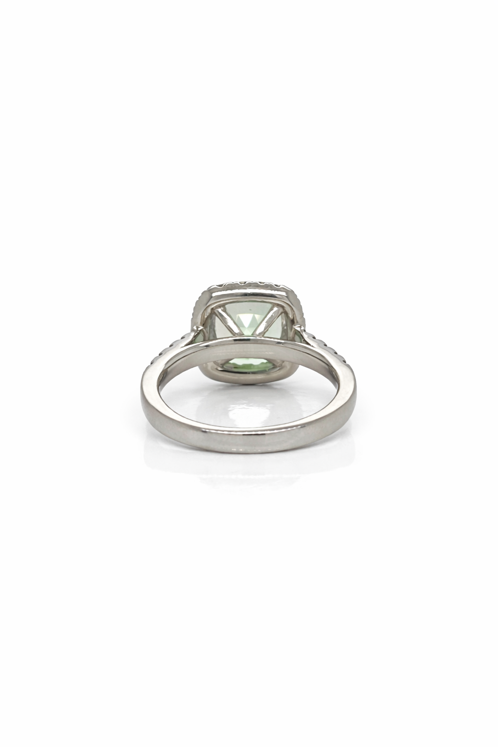 Square Cushion Cut Mint Green Tourmaline Diamond Halo Diamond Set Shoulders Ring in Platinum