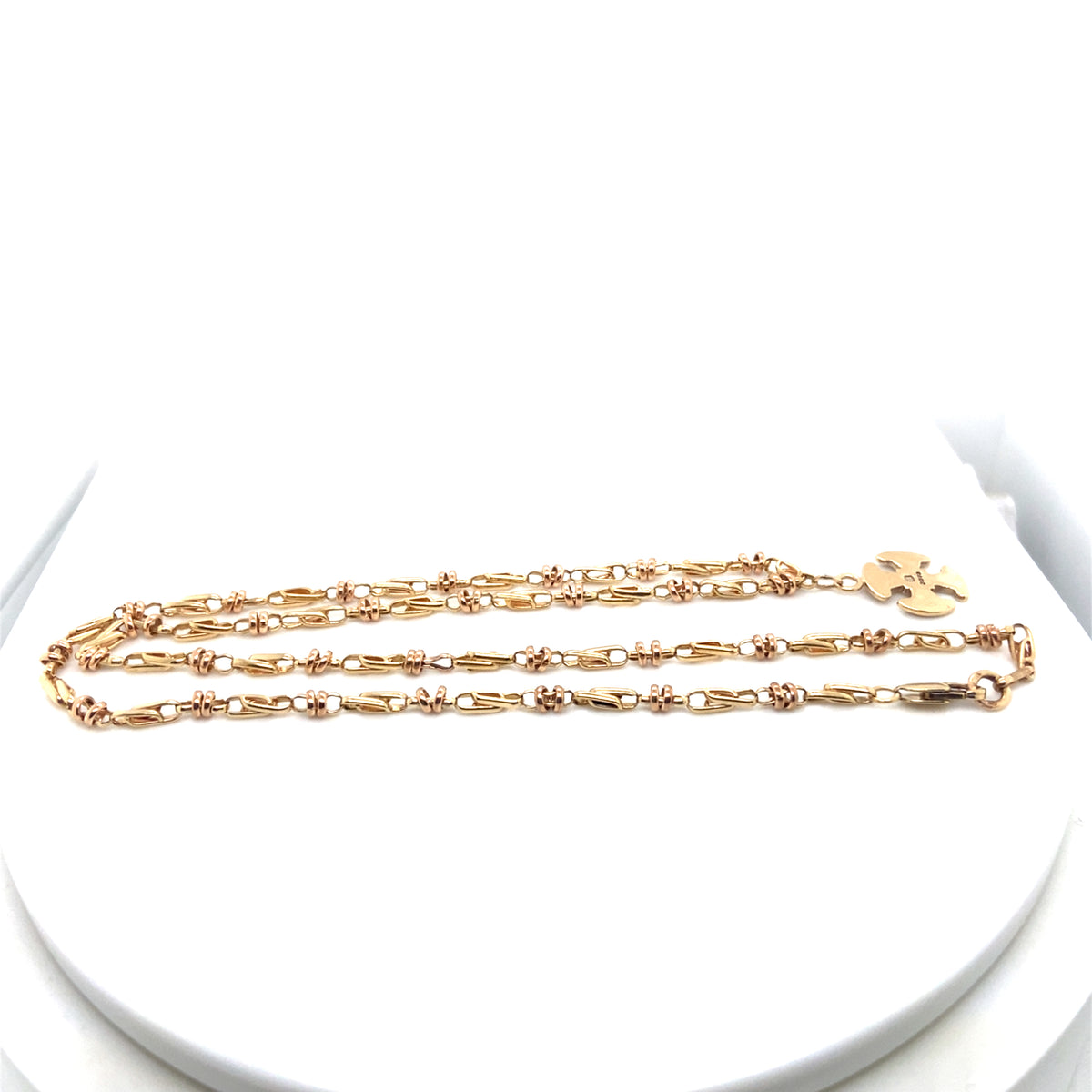 002034: Vintage fancy gold chain, antique and yellow gold, pendant attached (customer has been noted that existing links are weak and may break eventually.)	Solder break