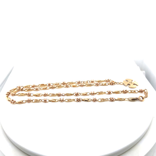 002034: Vintage fancy gold chain, antique and yellow gold, pendant attached (customer has been noted that existing links are weak and may break eventually.)	Solder break