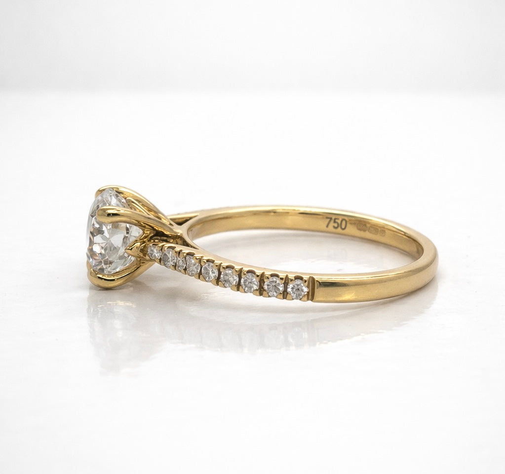 Lab Grown Round Brilliant Solitaire Ring with Diamond Set Shoulders in 18ct Yellow Gold
