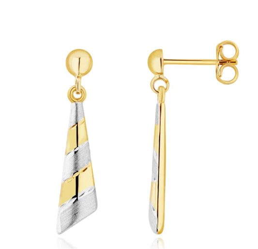 9ct Two Tone White/Yellow Gold Stripe Drop Earrings 27x7.5mm