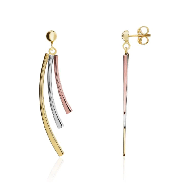 Three Tone 9ct Gold 3 Row Curved Drop Earrings