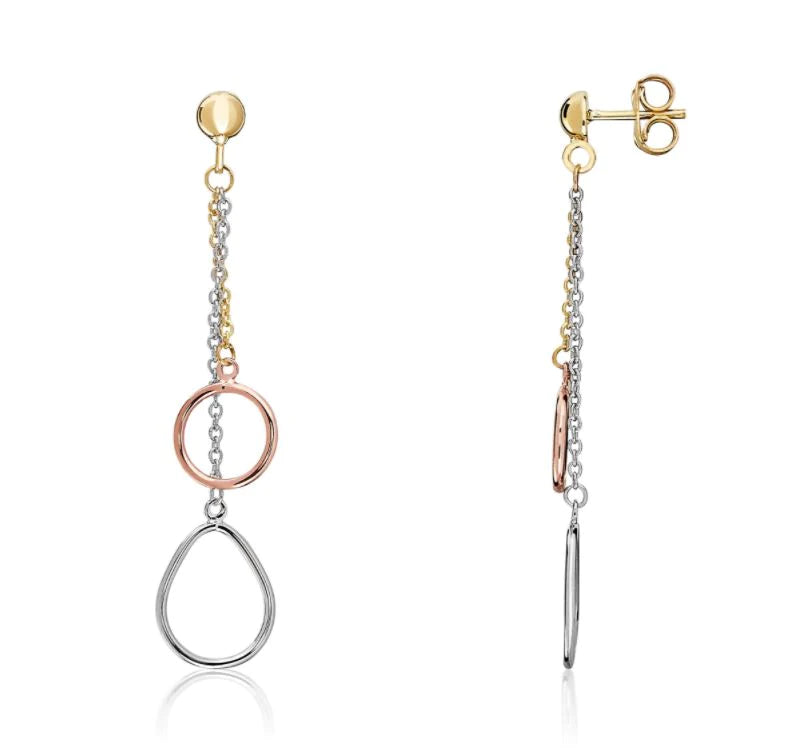 Three Tone 9ct Gold Round & Pear Shape Chain Drop Earrings