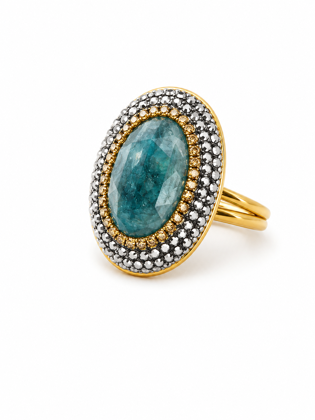 18ct yellow gold plated green agate ring with black cz