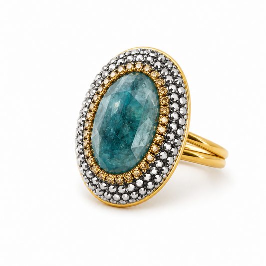 18ct yellow gold plated green agate ring with black cz