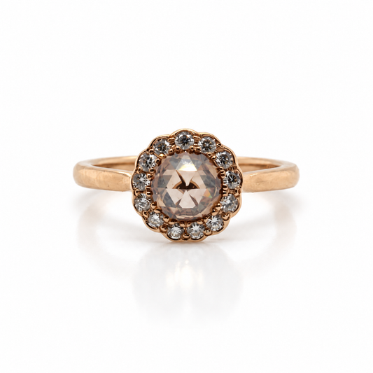 Zahr 0.95ct Rose Cut Brown Diamond Halo Ring 18k Rose Gold