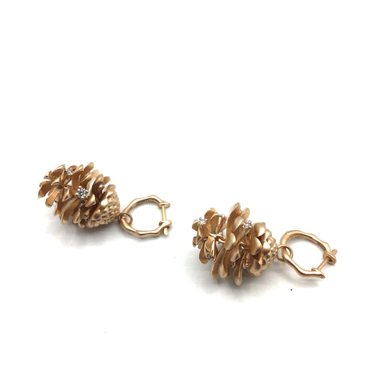 14ct Rose Gold Matte Diamond Pine Cone Drop Earrings