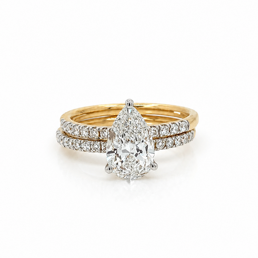 Pear Cut Diamond Ring with Matching Diamond Set Wedding Ring in Yellow Gold