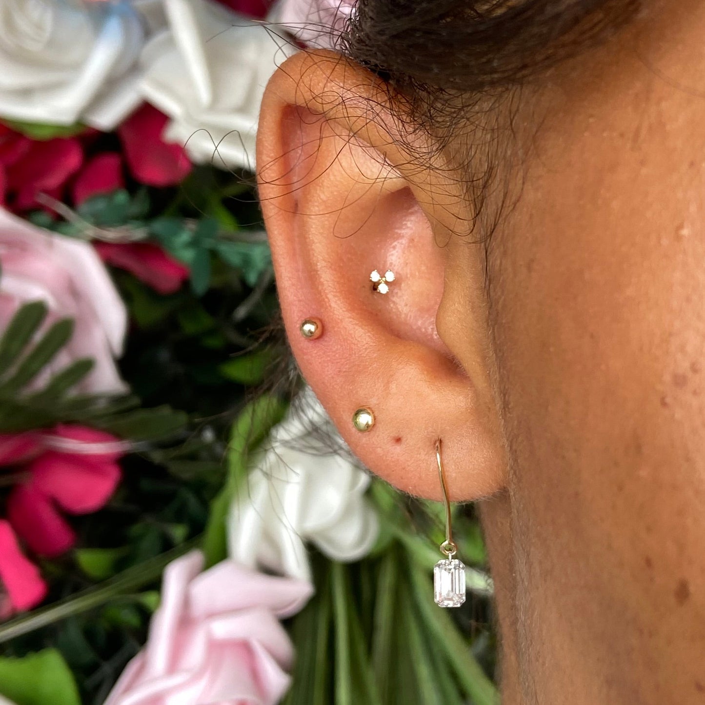 Floating Emerald Cut Drilled Diamond Drop Earrings In 9ct Yellow Gold