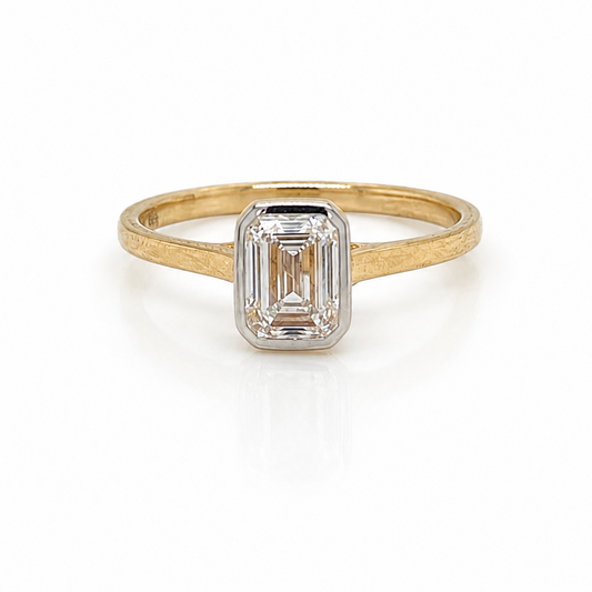 Diamond Rubover Emerald Cut Ring in Yellow Gold