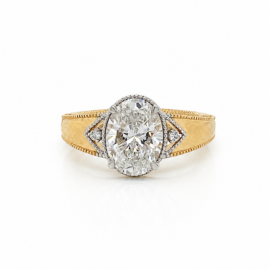 2.50ct Oval Cut Diamond Wide Band, Fancy Vintage Style Ring with Millgrain Detailing