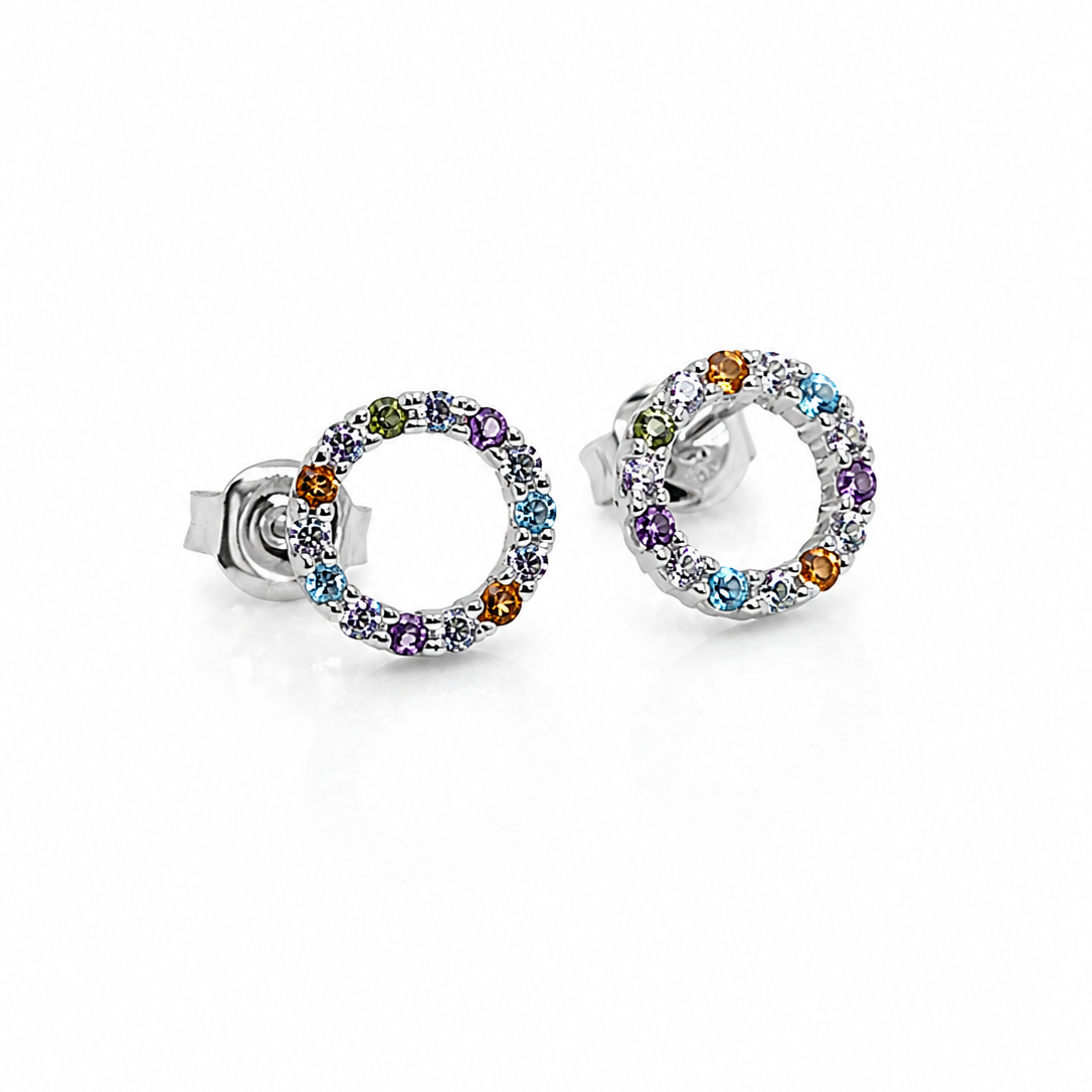 Multi  coloured cubic zirconia circle earrings in sterling silver