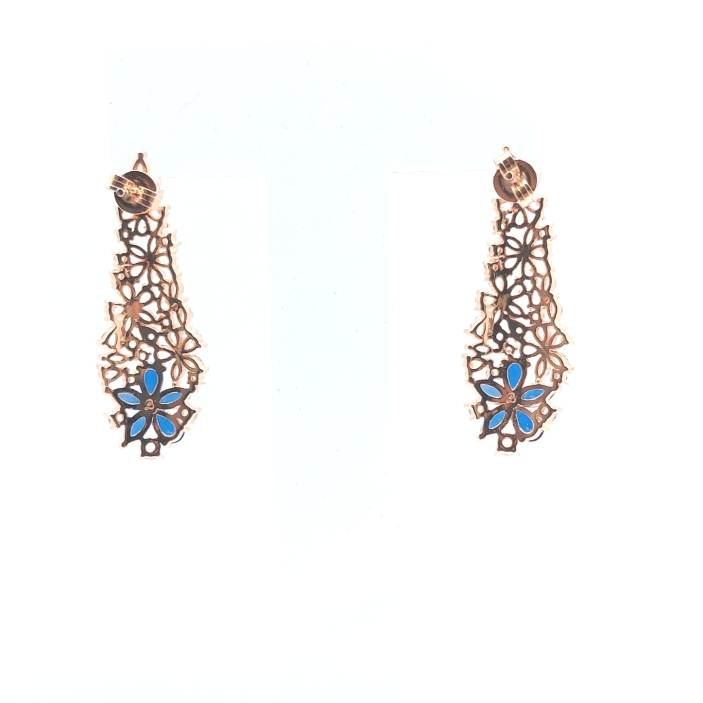 925 rose gold blue flower cz drop earrings