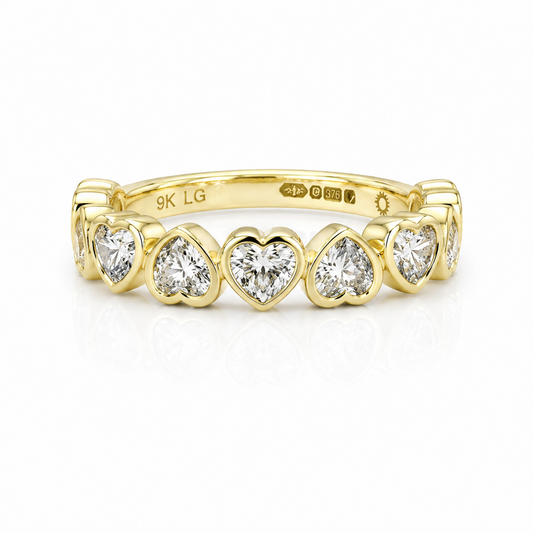Rubover Heart Cut Diamond Half Eternity Ring In 9ct Yellow Gold
