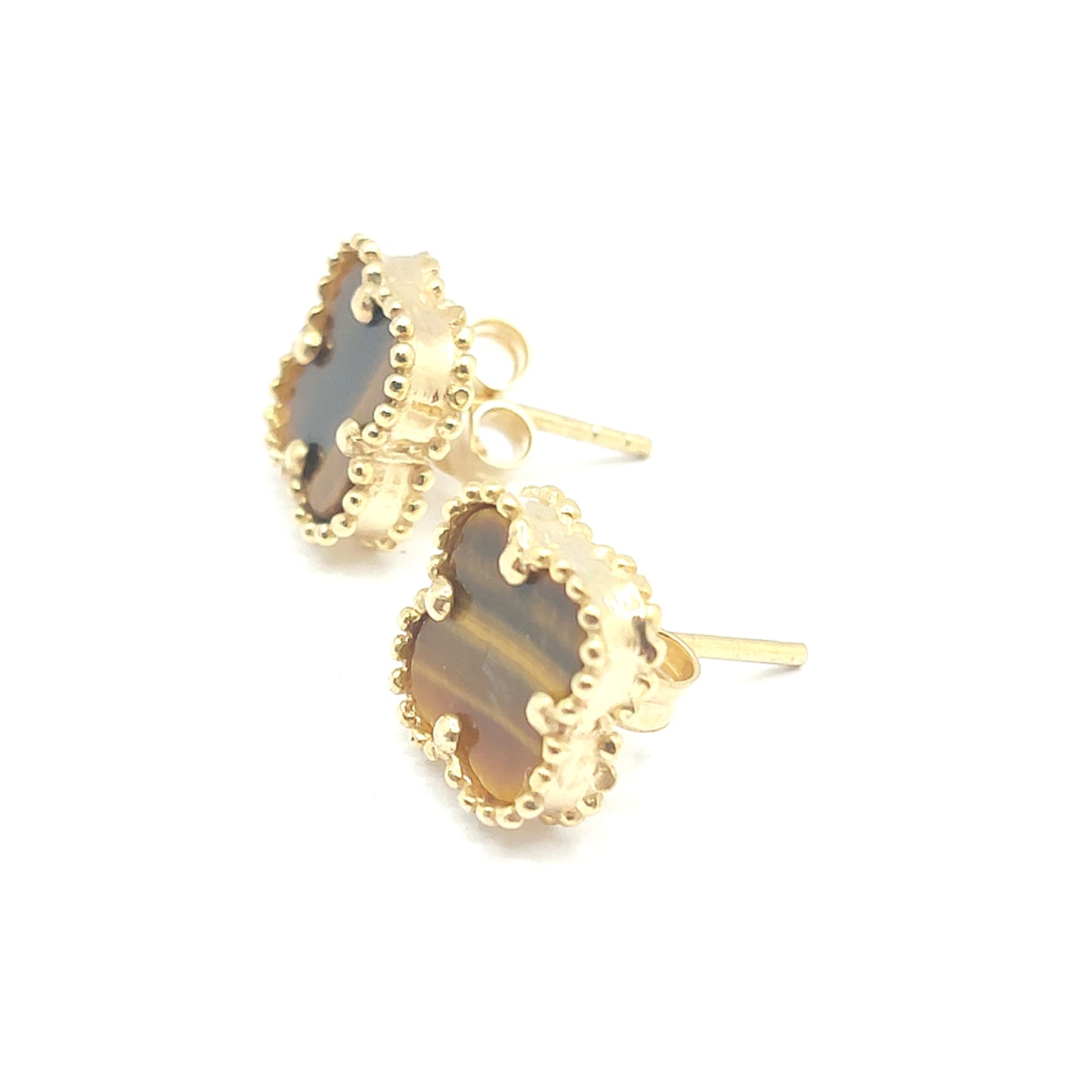 925 yellow gold tigers eye clover stud earrings
