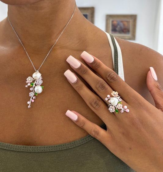 925 Silver Pearl and pink flower bouquet set (Ring, Necklace, Clip earrings)