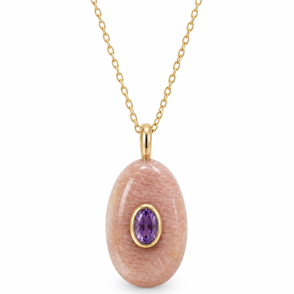 Peach quartz Amethyst Oval gemstone necklace