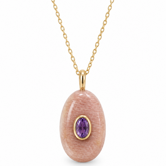Peach quartz Amethyst Oval gemstone necklace